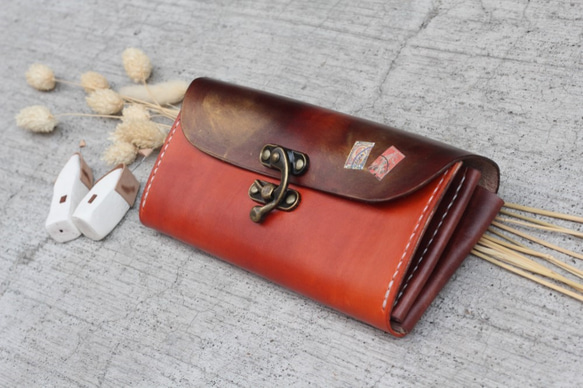 Accordion vegetable tanned leather long wallet - WARM ORANGE 5枚目の画像