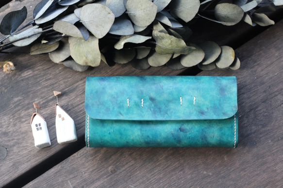 Accordion vegetable tanned leather long wallet - OCEAN 1枚目の画像