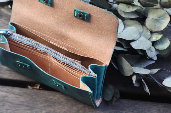 Accordion vegetable tanned leather long wallet - OCEAN 5枚目の画像