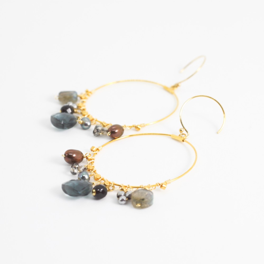 [14KGF]マルチストーン フープピアス/イヤリング(MN190001-011)トルマリン/パイライト