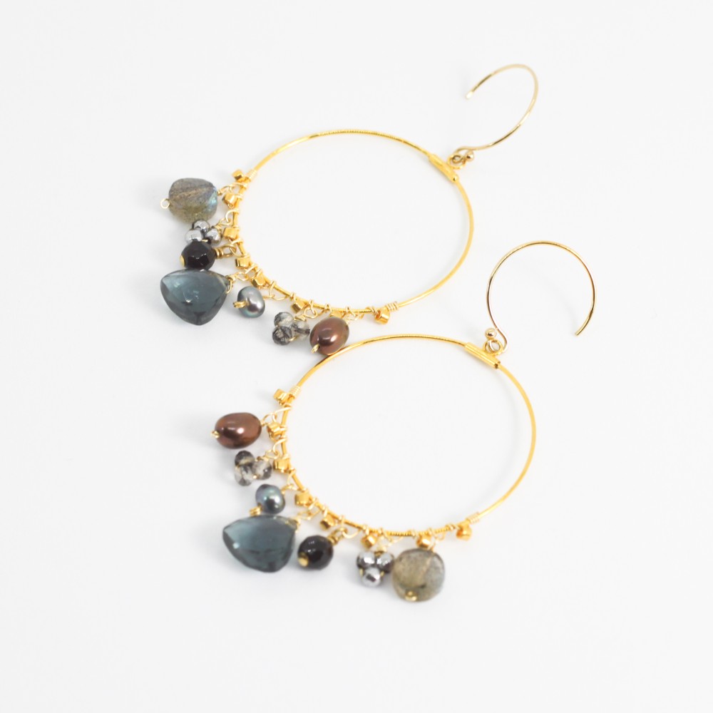 [14KGF]マルチストーン フープピアス/イヤリング(MN190001-011)トルマリン/パイライト