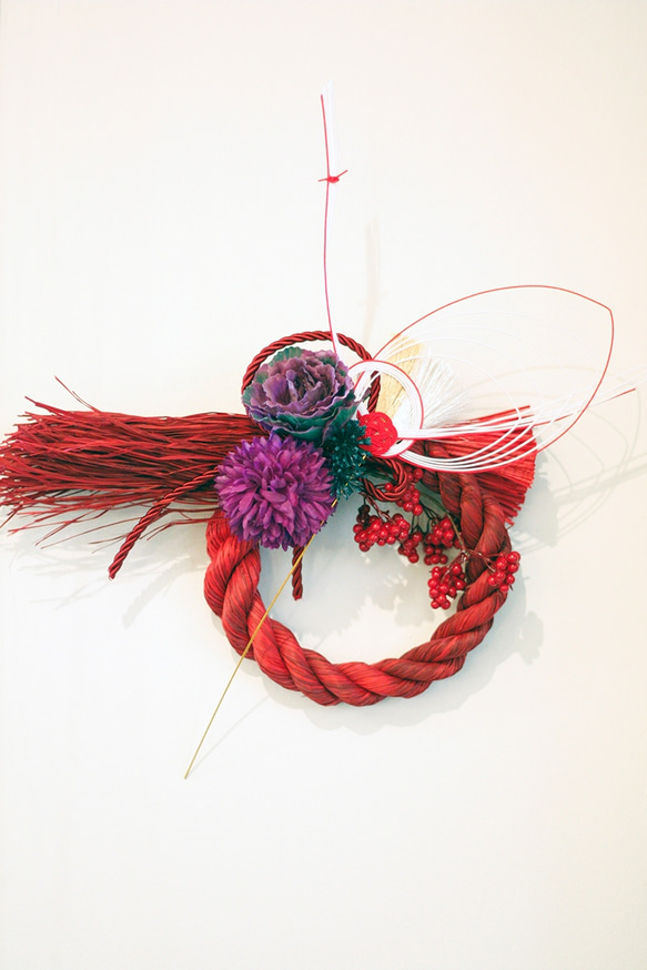 受注製作】締め切り間近！お正月飾り しめ縄飾り しめ縄リース 鶴 赤系