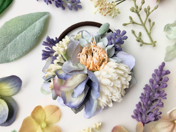 ラベンダーと花集めの髪飾り　グレイッシュブルー ×アイボリー 2枚目の画像