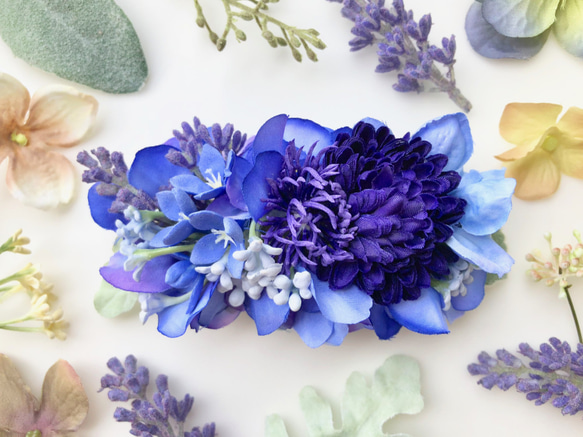 ラベンダーと花集めのバレッタ　ロイヤルブルー×ブルー 3枚目の画像