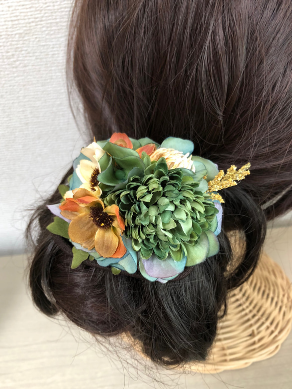 野原の花束の髪飾り　レトログリーン 5枚目の画像