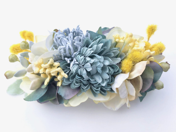 花集めのバレッタ　ミモザ×ライトブルー 2枚目の画像