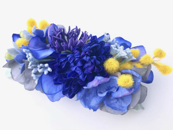 花集めのバレッタ　ミモザ×ロイヤルブルー 2枚目の画像