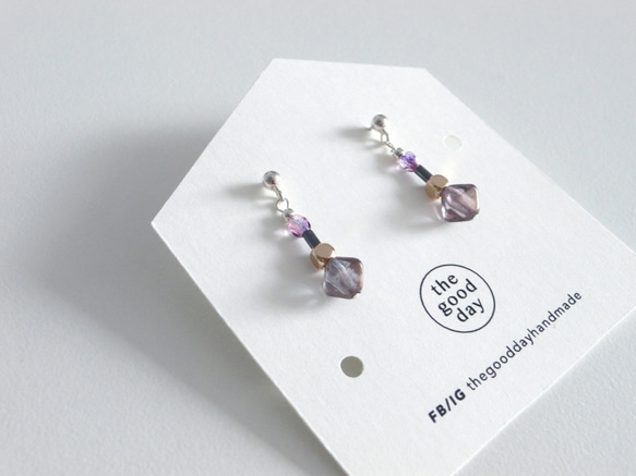 迷你小串｜紫色菱形珠串純銀耳針耳環 第1張的照片