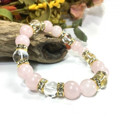 ローズクォーツ×水晶 パワーストーン ブレスレット 天然石ブレス 10mm (ロンデル：ゴールド) 1枚目の画像