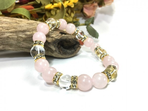 ローズクォーツ×水晶 パワーストーン ブレスレット 天然石ブレス 10mm (ロンデル：ゴールド) 1枚目の画像