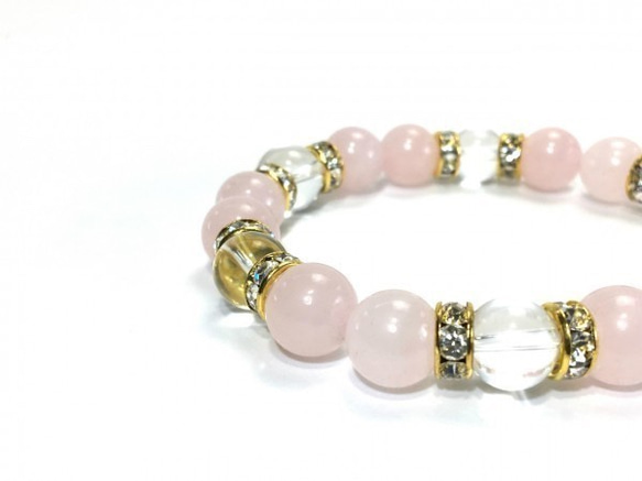 ローズクォーツ×水晶 パワーストーン ブレスレット 天然石ブレス 10mm (ロンデル：ゴールド) 3枚目の画像