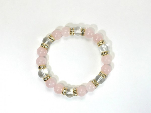ローズクォーツ×水晶 パワーストーン ブレスレット 天然石ブレス 10mm (ロンデル：ゴールド) 4枚目の画像
