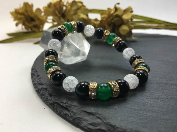 パワーストーン ブレスレット 緑瑪瑙&オニキス&クラック水晶 天然石