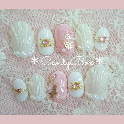 サイズオーダー♡ フリル× ビジューハートネイルチップ ピンクブラウン  