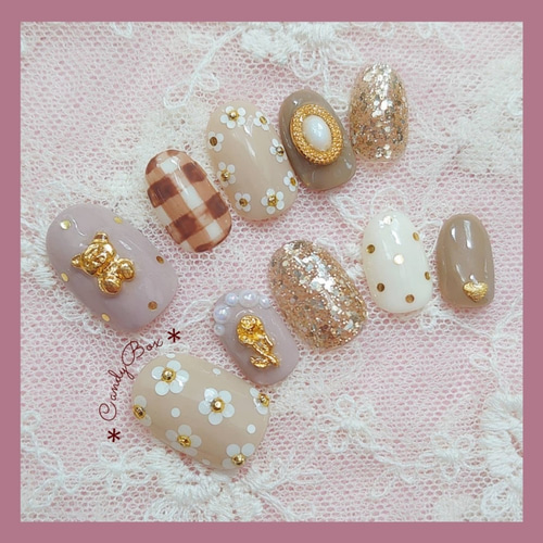 レトロ ガーリー フラワー くまちゃん ネイルチップ ネイルチップ