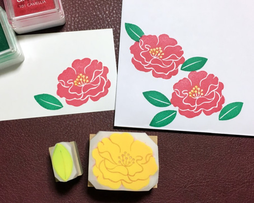 ふわふわ山茶花（さざんか）の消しゴムはんこセット（持ち手付き