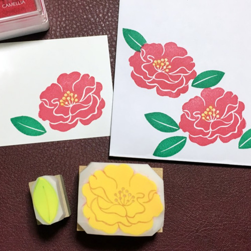 ふわふわ山茶花（さざんか）の消しゴムはんこセット（持ち手付き