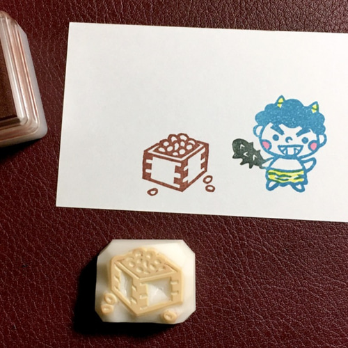 枡入り節分豆の消しゴムはんこ（持ち手つき） はんこ・スタンプ かめ