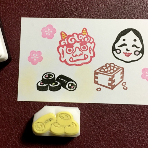 枡入り節分豆の消しゴムはんこ（持ち手つき） はんこ・スタンプ かめ