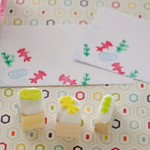 涼しげ金魚3点セット消しゴムハンコ＆見本のミニカード・シールセット