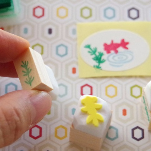 涼しげ金魚3点セット消しゴムハンコ＆見本のミニカード・シール