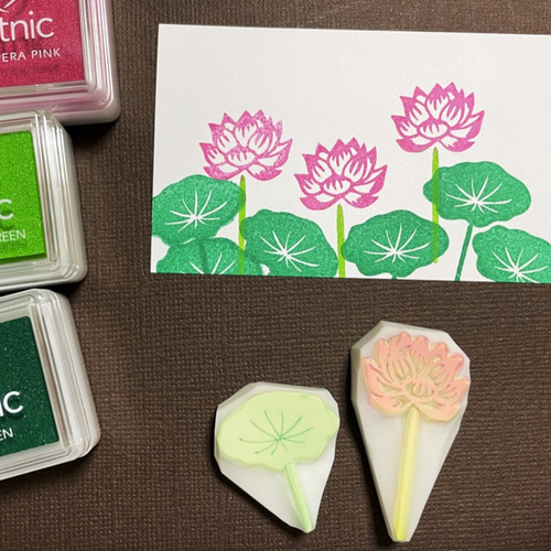 消しゴムはんこ　お花と葉っぱ 椿の花・蕾・葉っぱの消しゴムはんこセット（持ち手付き）＆押し