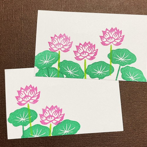 背の高い蓮の花と葉っぱの消しゴムはんこセット（持ち手付き）＆押し方