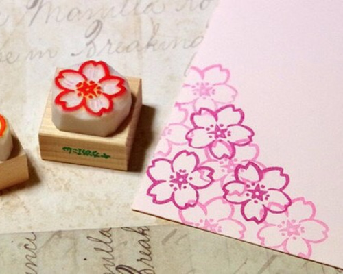 ソメイヨシノ桜の花と花びら消しゴムハンコセット（持ち手付き