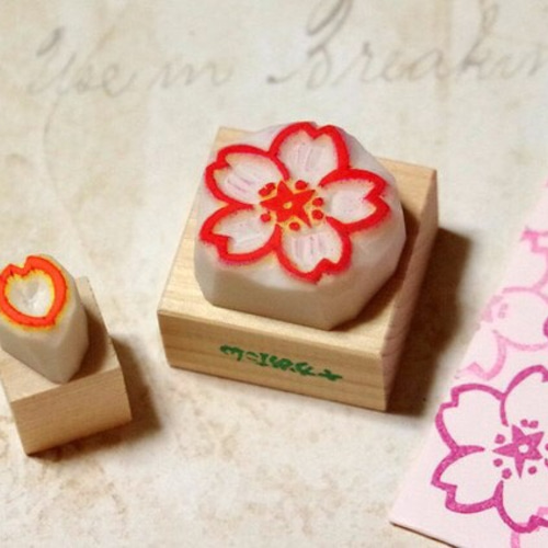 ソメイヨシノ桜の花と花びら消しゴムハンコセット（持ち手付き）【桜3