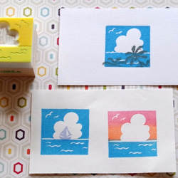 モクモク入道雲の青空と海の消しゴムはんこ（持ち手つき）＆押し方見本カードセット【空シリーズ1】 4枚目の画像