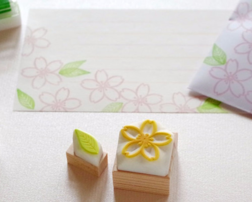 山桜の花と葉っぱ消しゴムはんこセット（持ち手付き）【桜4】 はんこ