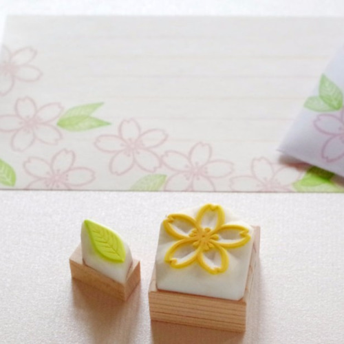 山桜の花と葉っぱ消しゴムはんこセット（持ち手付き）【桜4】 はんこ