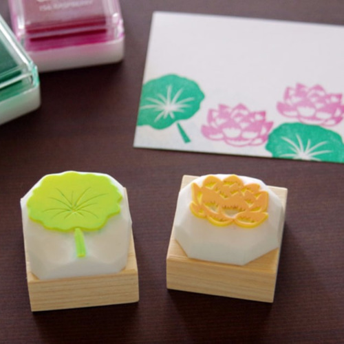消しゴムはんこ　お花と葉っぱ 蓮の花と葉っぱの消しゴムはんこセット（持ち手付き）＆押し方見本ミニ