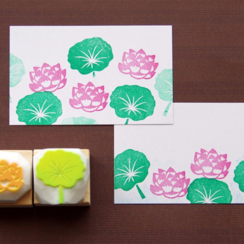 蓮の花と葉っぱの消しゴムはんこセット（持ち手付き）＆押し方見本ミニ