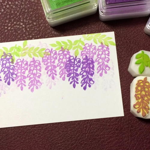 藤の花と葉っぱの消しゴムはんこセット（持ち手つき）＆押し方見本説明