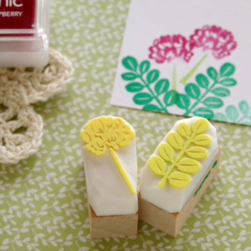 蓮華（れんげ）の花と葉っぱの消しゴムはんこセット（持ち手つき
