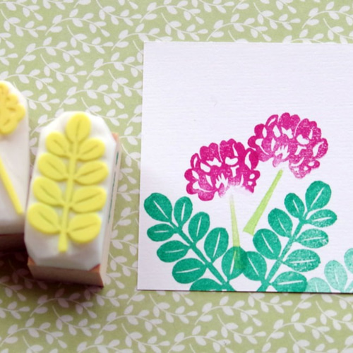 蓮華（れんげ）の花と葉っぱの消しゴムはんこセット（持ち手つき