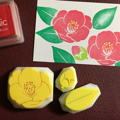 椿の花・蕾・葉っぱの消しゴムはんこセット（持ち手付き）＆押し