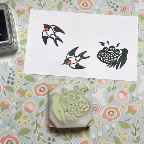 ツバメの巣 燕の親子の消しゴムはんこ（持ち手つき） はんこ・スタンプ