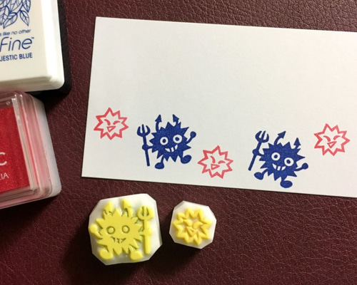 消しゴムはんこ　過去商品リクエスト受け付けます　一覧はプロフから かわいいバイ菌・ウィルスの消しゴムはんこセット（持ち手つき