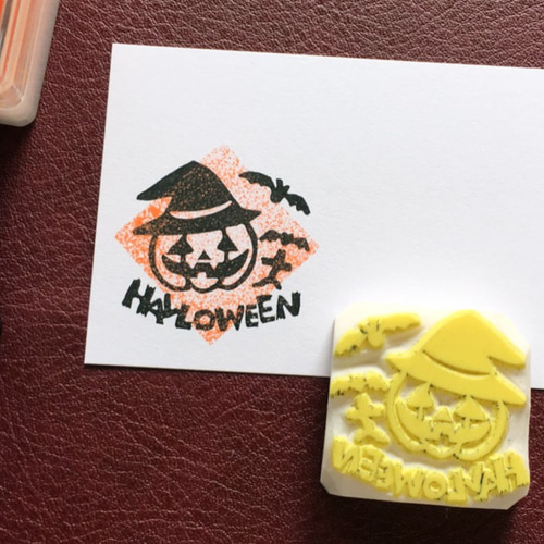 文字入りハロウィンかぼちゃの消しゴムはんこ（持ち手つき） はんこ