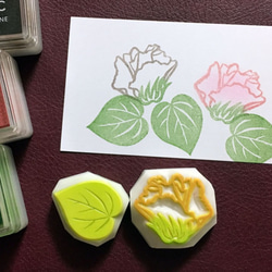綿の花と葉っぱの消しゴムはんこセット（持ち手つき）＆押し方見本