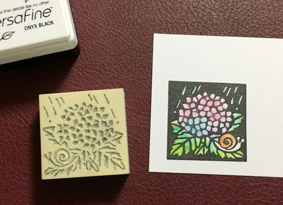 切り絵風紫陽花の消しゴムはんこ（持ち手つき）押し方見本＆説明書 1枚目の画像