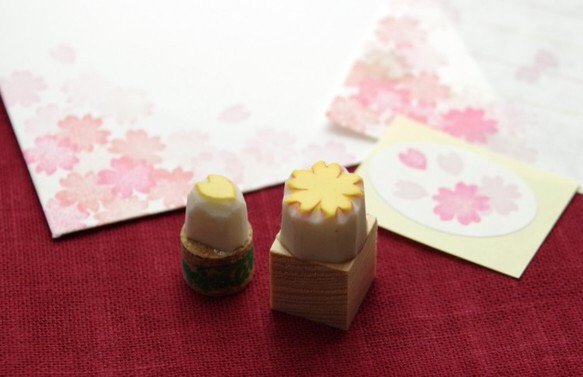 [さくら花様ご確認用]オーダー☆消しゴムはんこ 桜の花の消しゴムハンコ・インク・シールミニ封筒カードセット【桜1