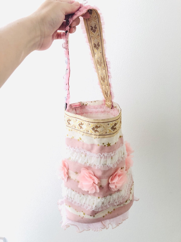 コラージュ  キラキラ　バケツ型バッグ　ピンク 2枚目の画像