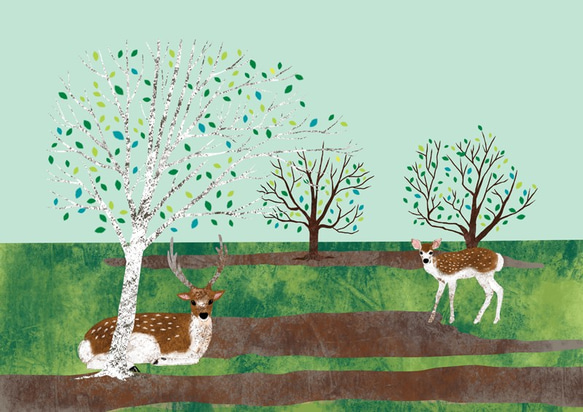 A4アートキャンバス「鹿のいる風景」ポストカード5枚おまけ付き 2枚目の画像
