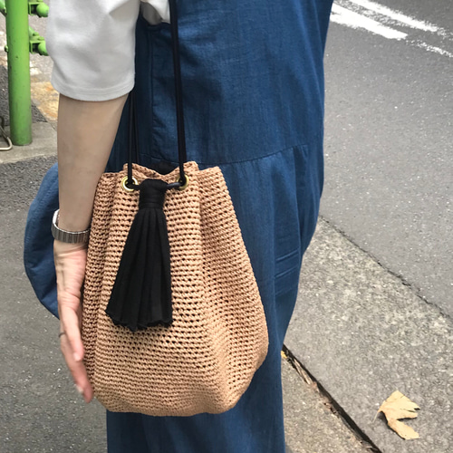 Lサイズ】ラフィア☆巾着ショルダー かごバッグ MERECOLLECTION