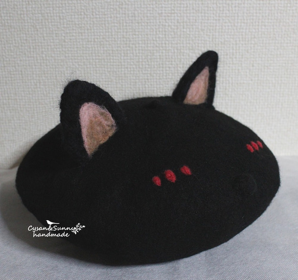 【受注生産】かわいい黒猫　ねこ　羊毛フェルトベレー帽 4枚目の画像