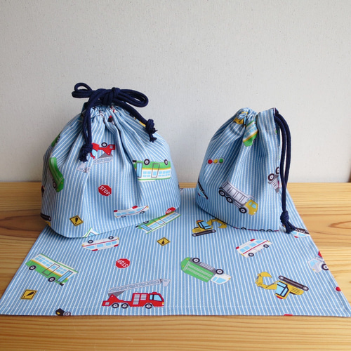 【オーダーメイド】入園入学グッズ　働く車生成り×デニム柄 オーダーメイド】入園入学グッズ働く車生成り×デニム柄