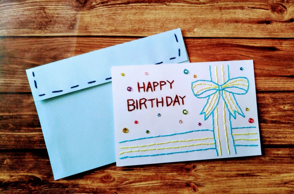 【誕生日】紙刺繍メッセージカード（ブルーリボン） 3枚目の画像